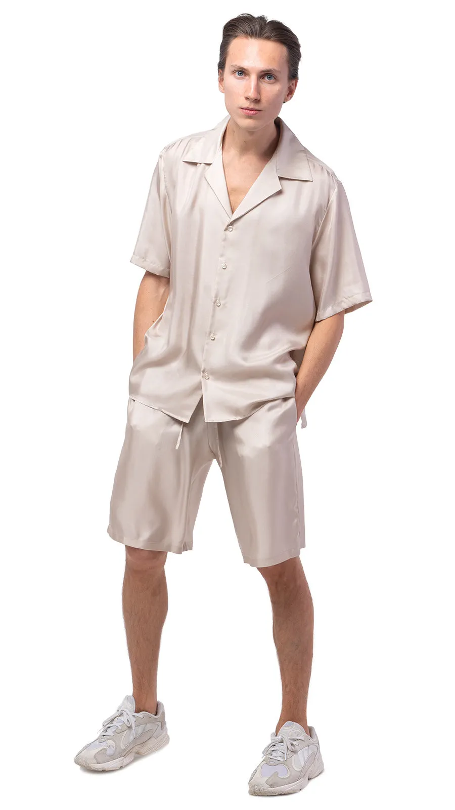 Plain Beige Silk Bowling Shorts