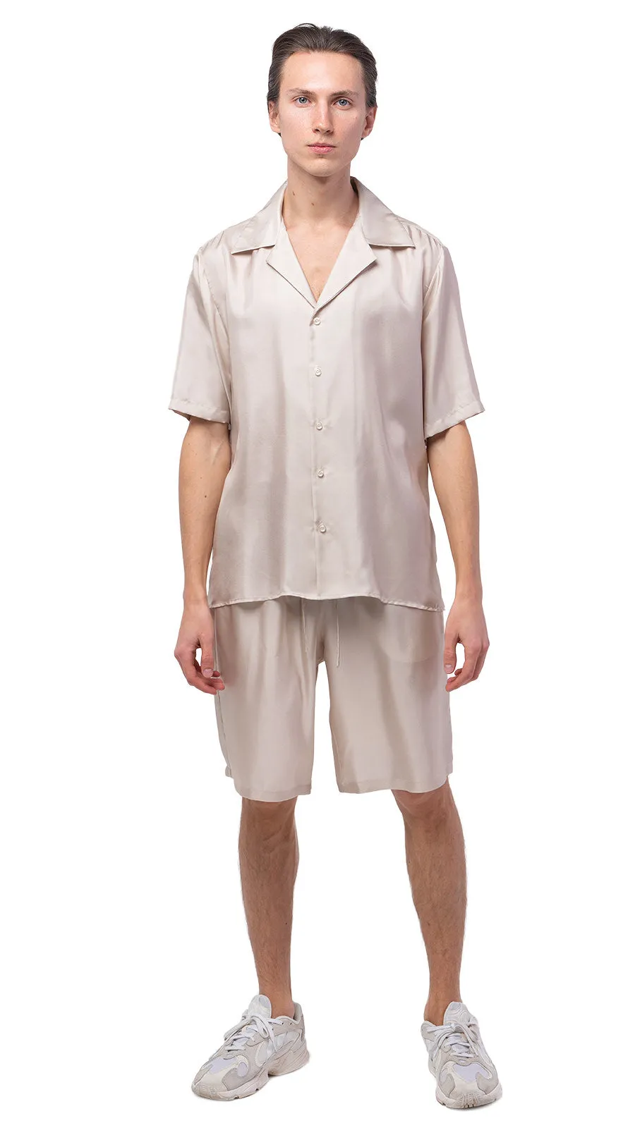 Plain Beige Silk Bowling Shorts