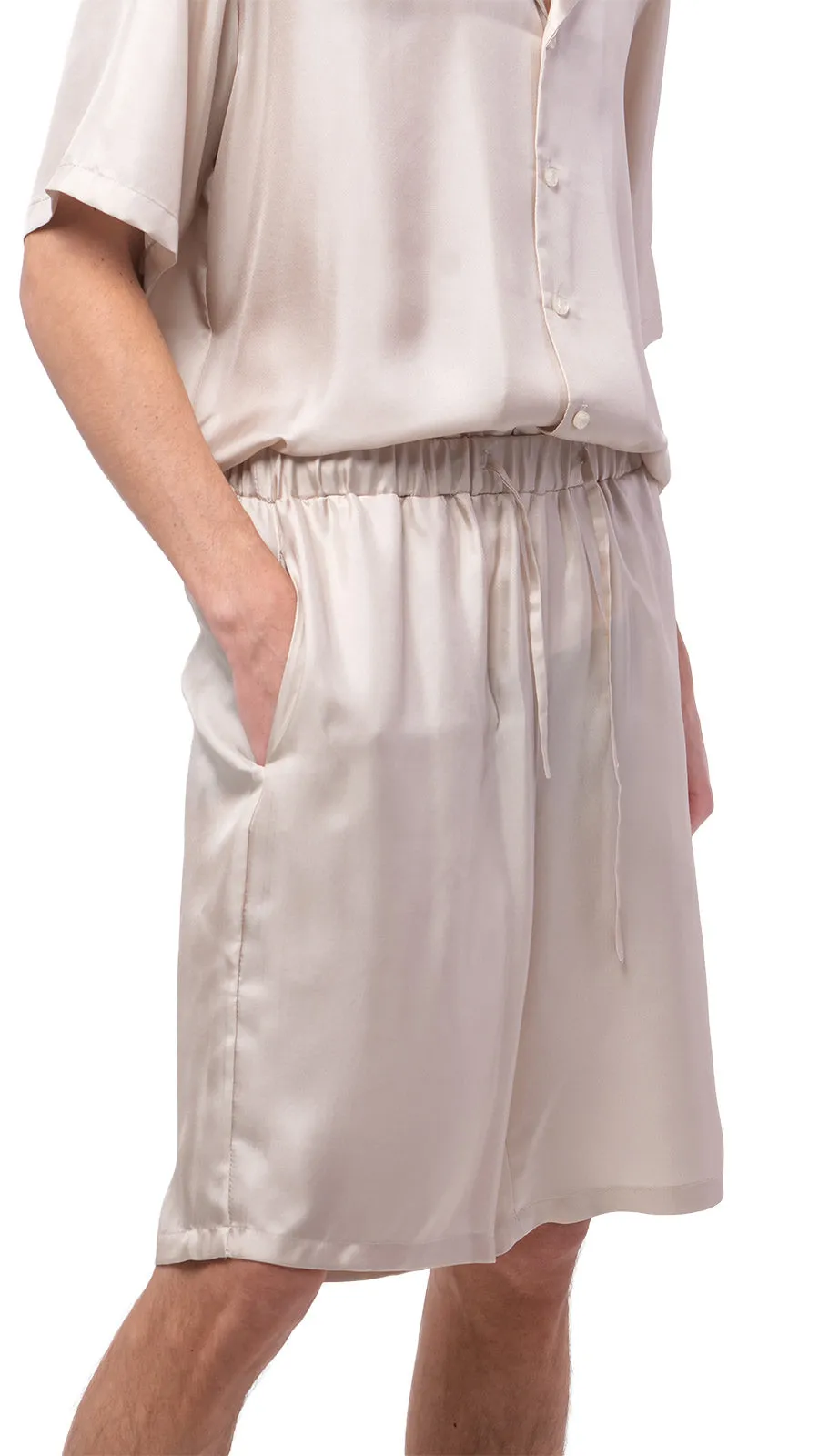 Plain Beige Silk Bowling Shorts