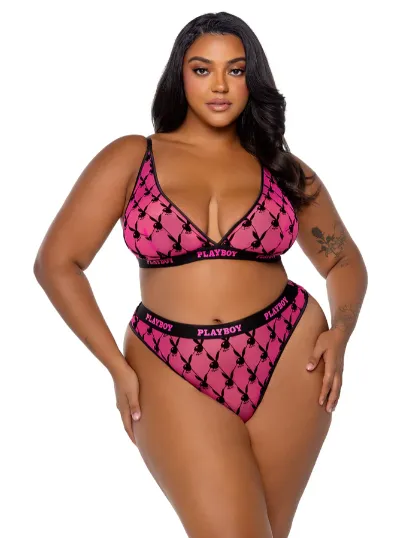 Playboy Flocked Bunny Bralette 2PC Set - Pink PBLI161