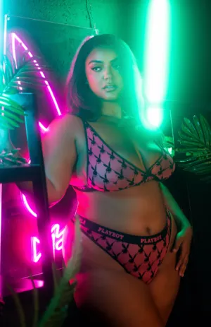 Playboy Flocked Bunny Bralette 2PC Set - Pink PBLI161