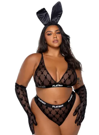 Playboy Flocked Bunny Bralette 2PC Set - Pink PBLI161