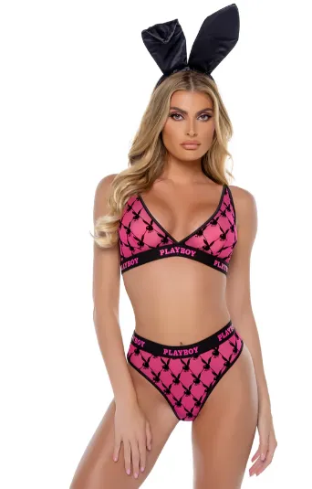 Playboy Flocked Bunny Bralette 2PC Set - Pink PBLI161