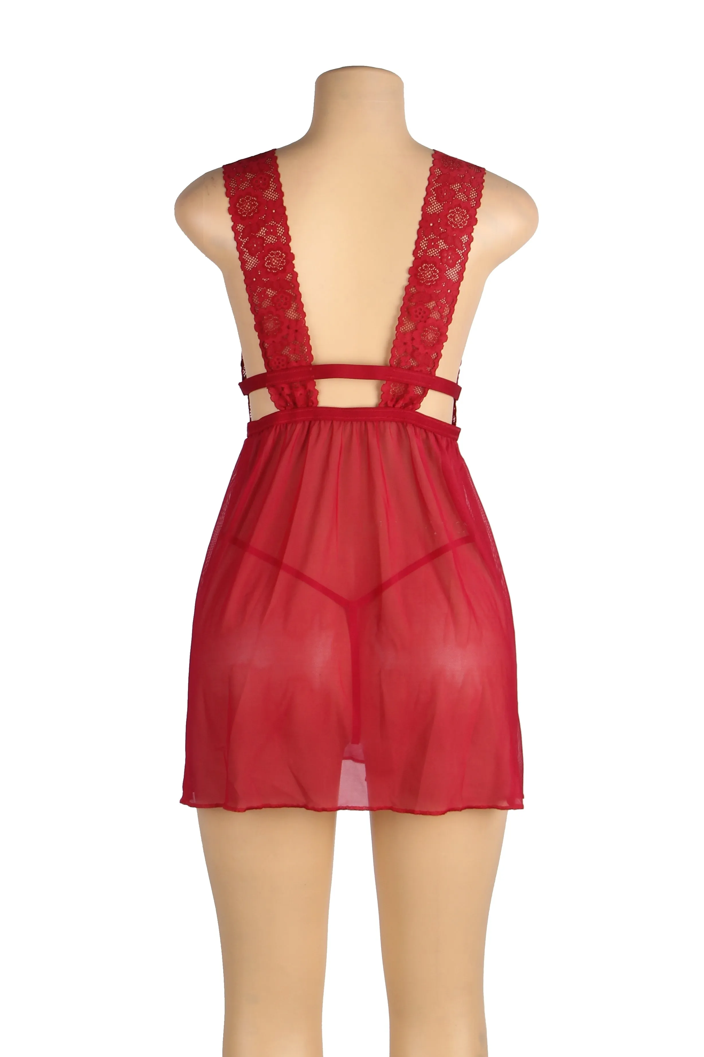 Plus Size Burgundy & White Deep V-neck Mesh Sexy Babydoll Egypt