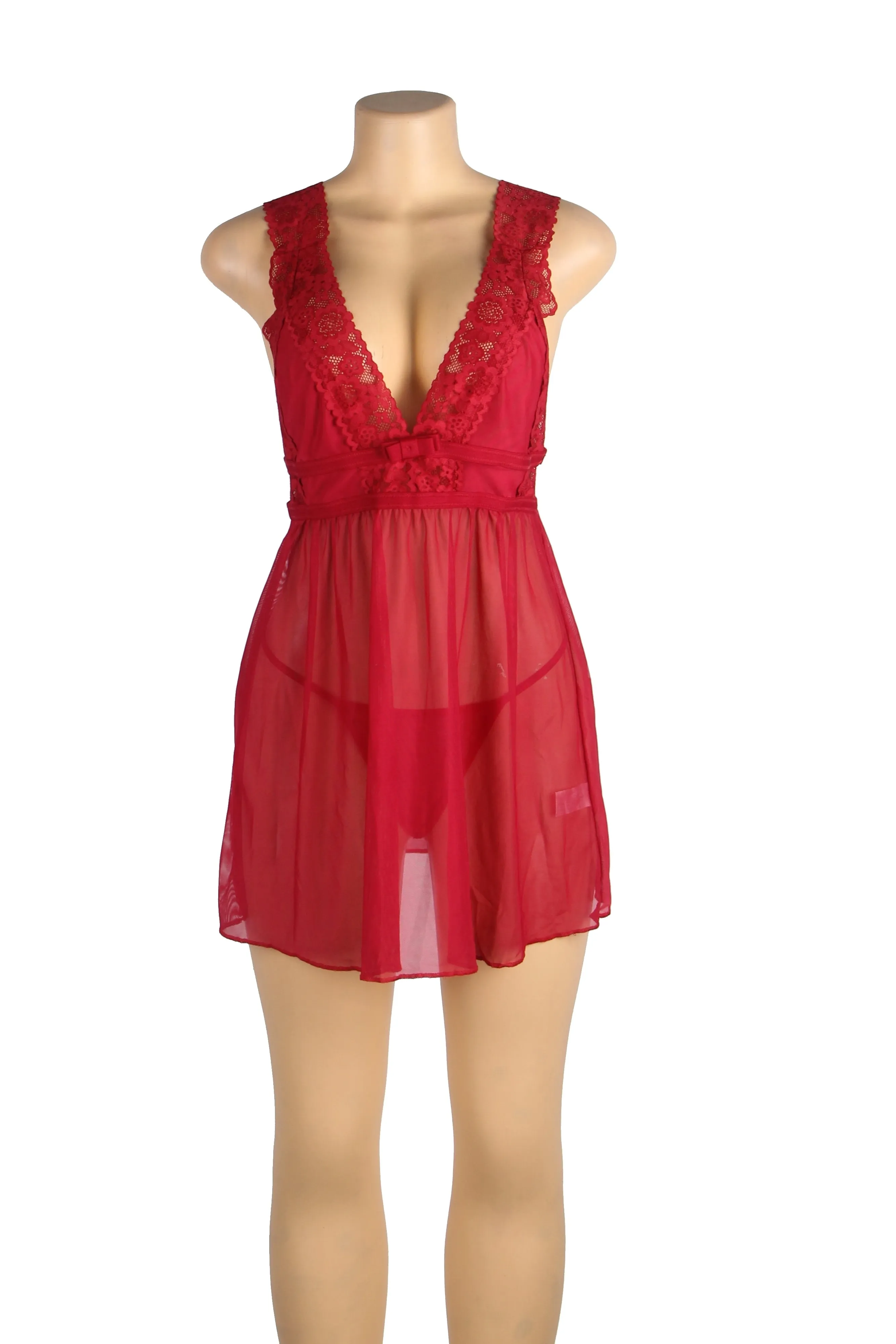 Plus Size Burgundy & White Deep V-neck Mesh Sexy Babydoll Egypt