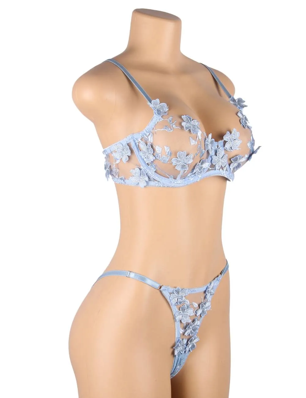Plus Size Egypt Floral Applique Embroidery Mesh Underwire underwear set