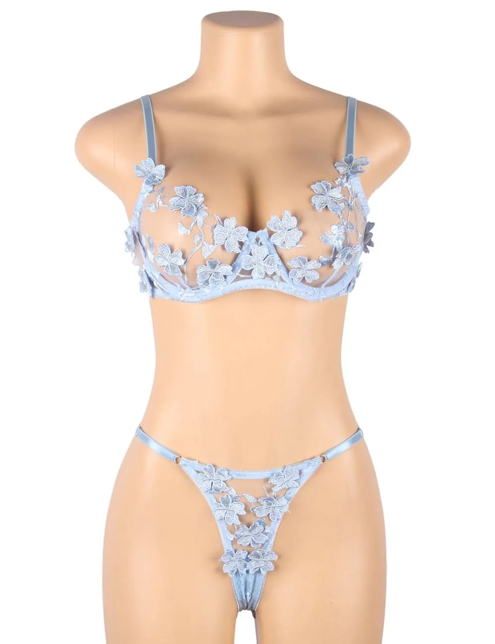 Plus Size Egypt Floral Applique Embroidery Mesh Underwire underwear set