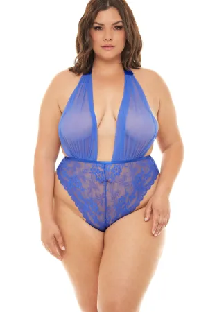 Plus Size Mesh V-Plunge Halter Teddy