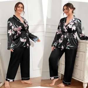 Plus Size Pajamas  Cardigan Tie Sleeping Robe Sleepwear Pants Casual Loose Home Set