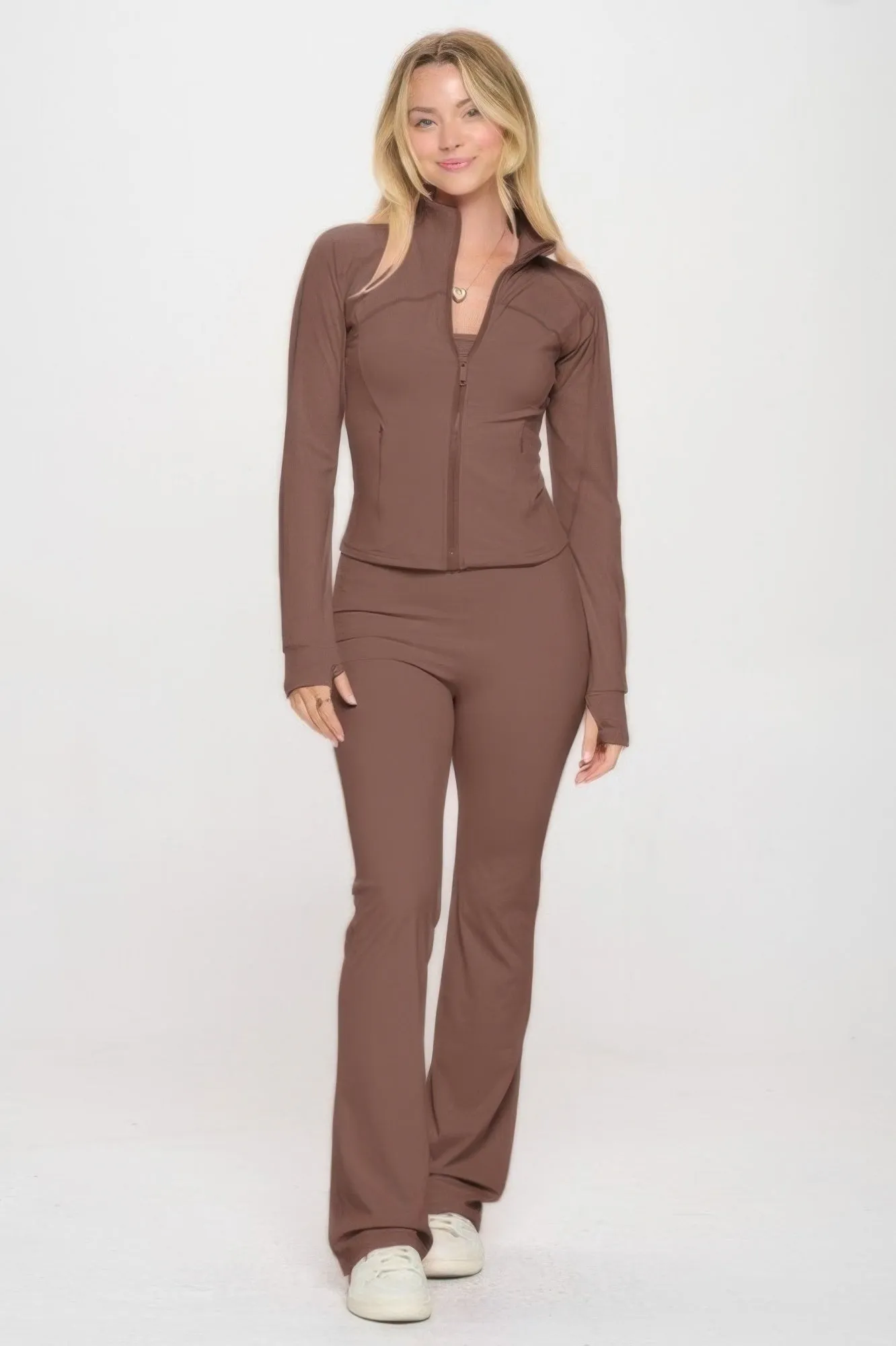 Premium Brown Yoga Jacket W/jumpsuit Set