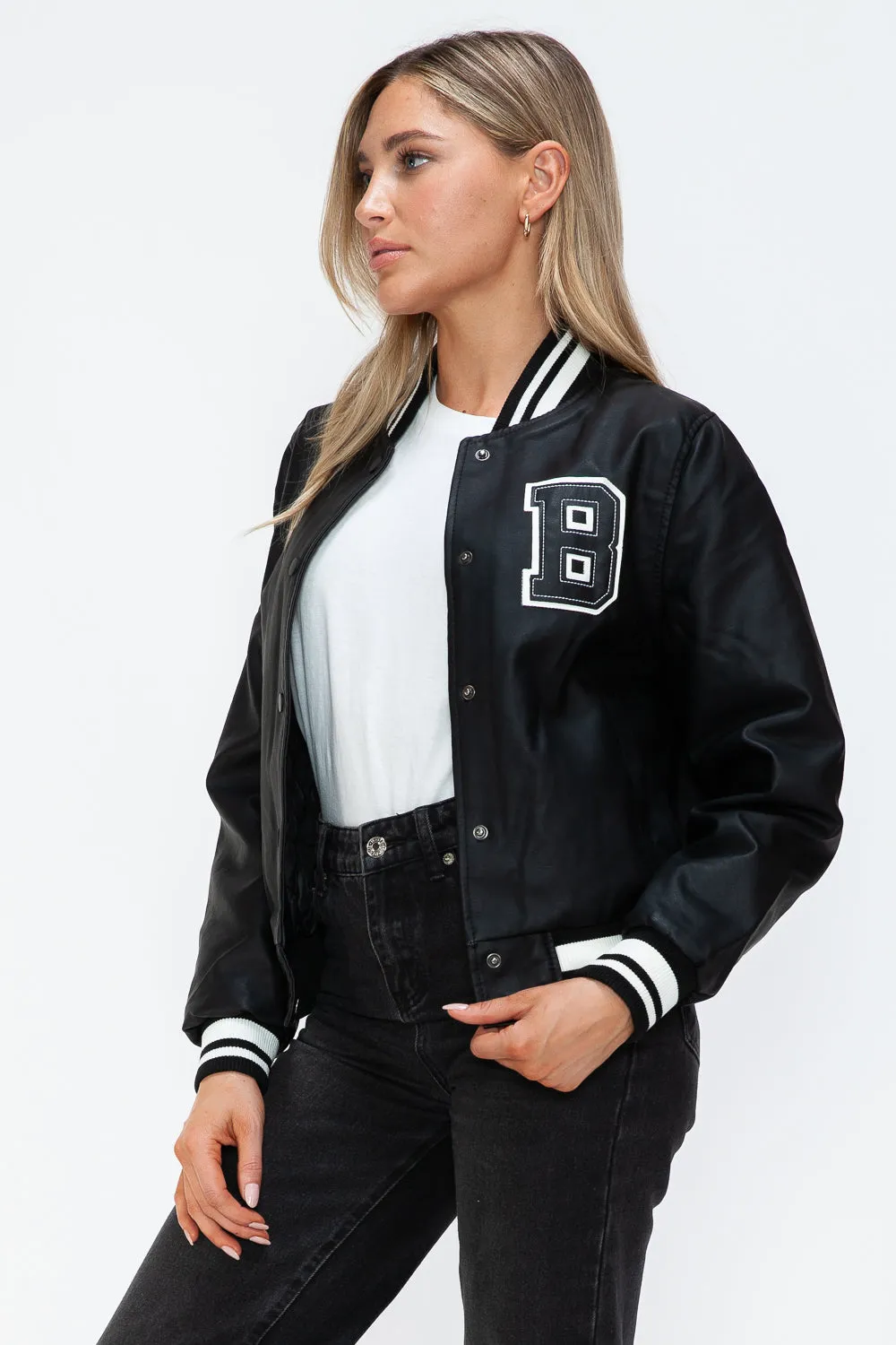 PU Leather Contrast Snap Down Bomber Jacket