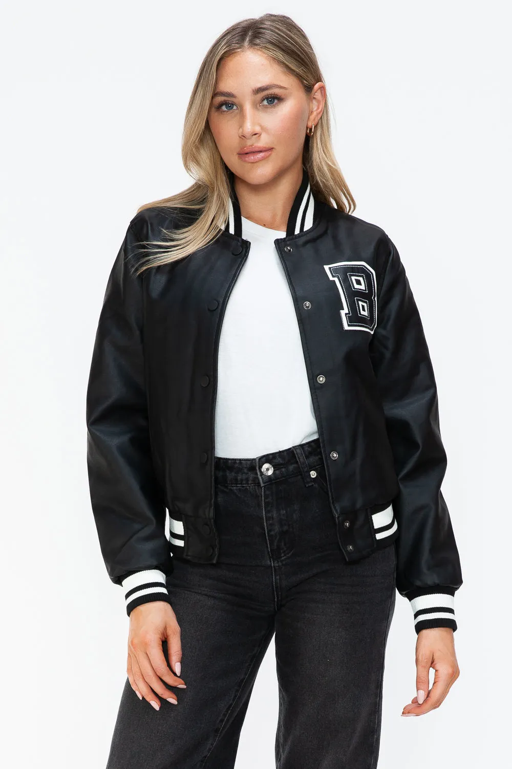 PU Leather Contrast Snap Down Bomber Jacket