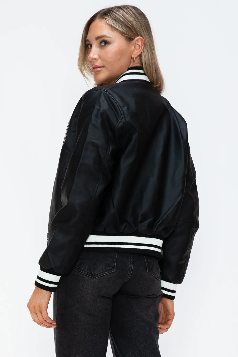 PU Leather Contrast Snap Down Bomber Jacket