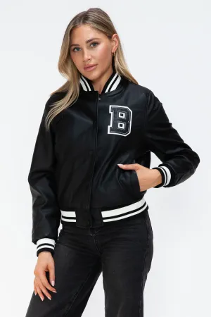PU Leather Contrast Snap Down Bomber Jacket