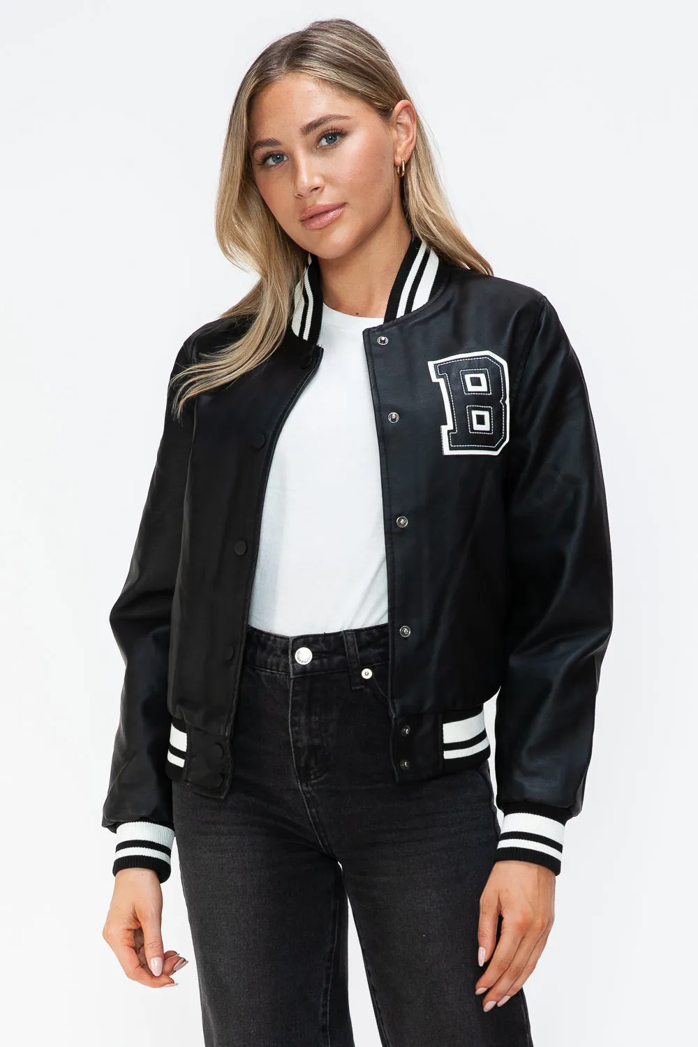 PU Leather Contrast Snap Down Bomber Jacket