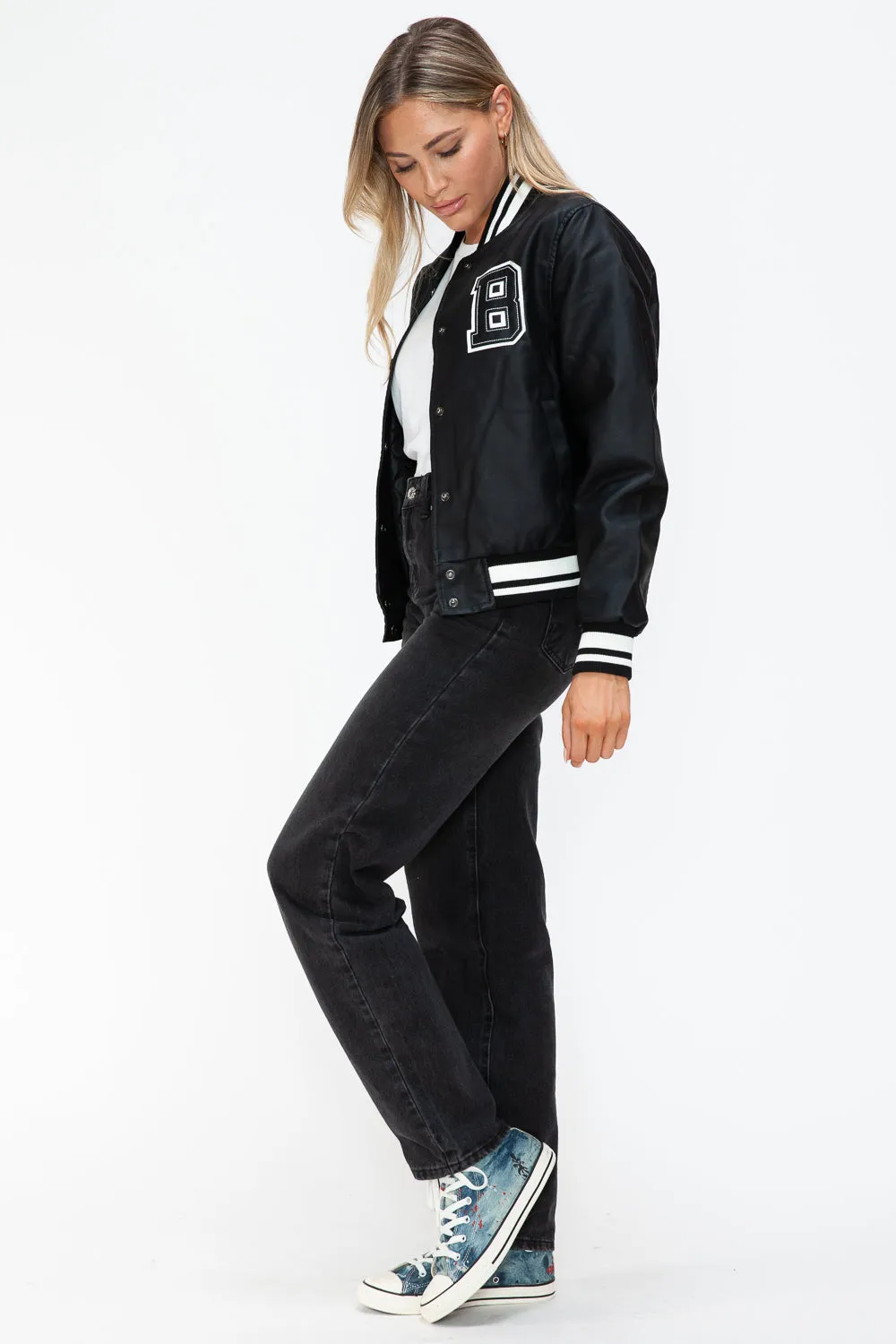 PU Leather Contrast Snap Down Bomber Jacket