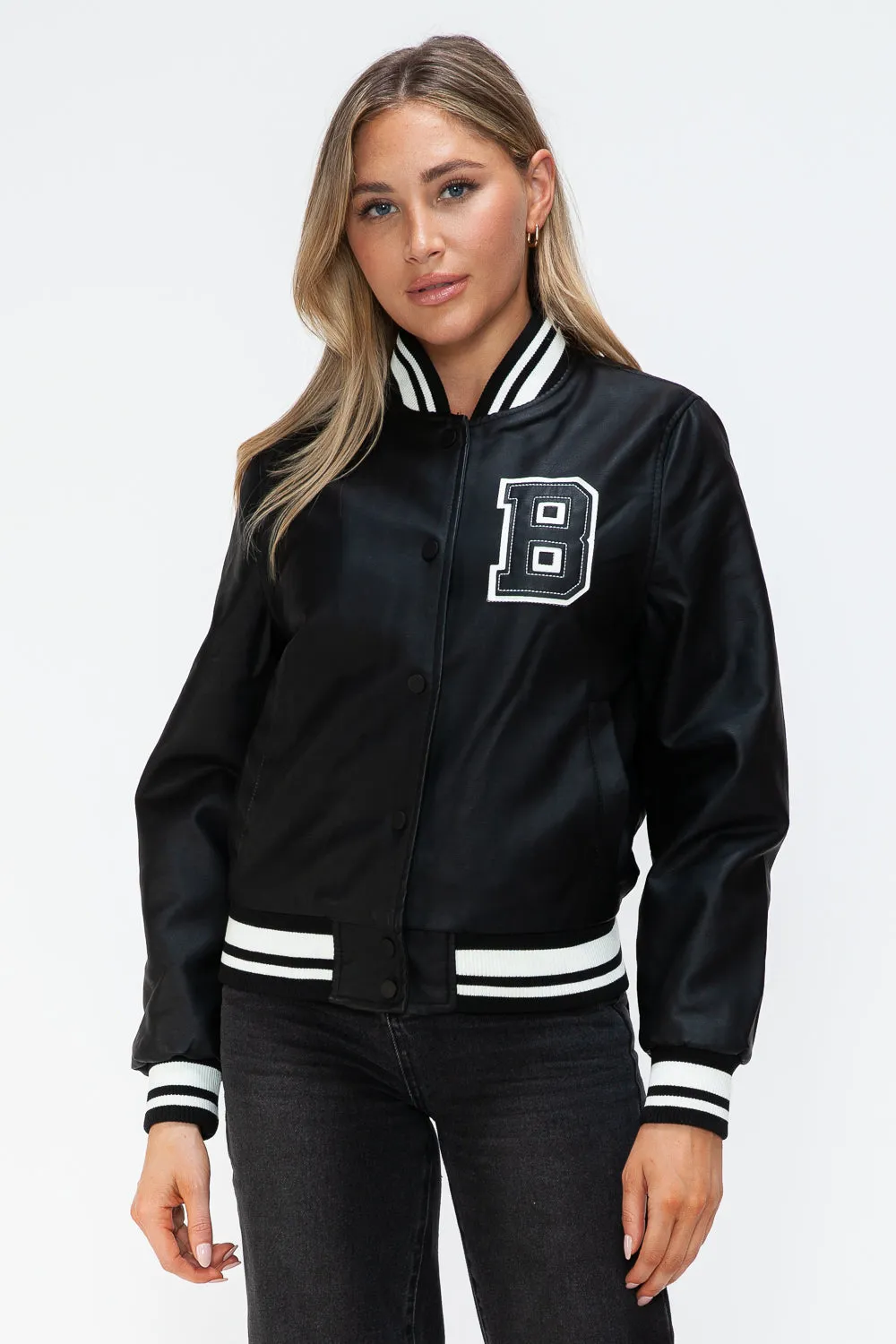 PU Leather Contrast Snap Down Bomber Jacket