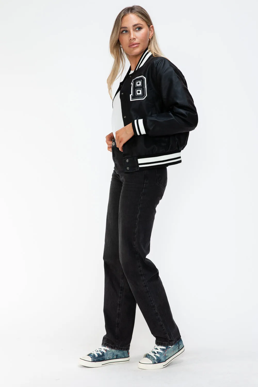 PU Leather Contrast Snap Down Bomber Jacket