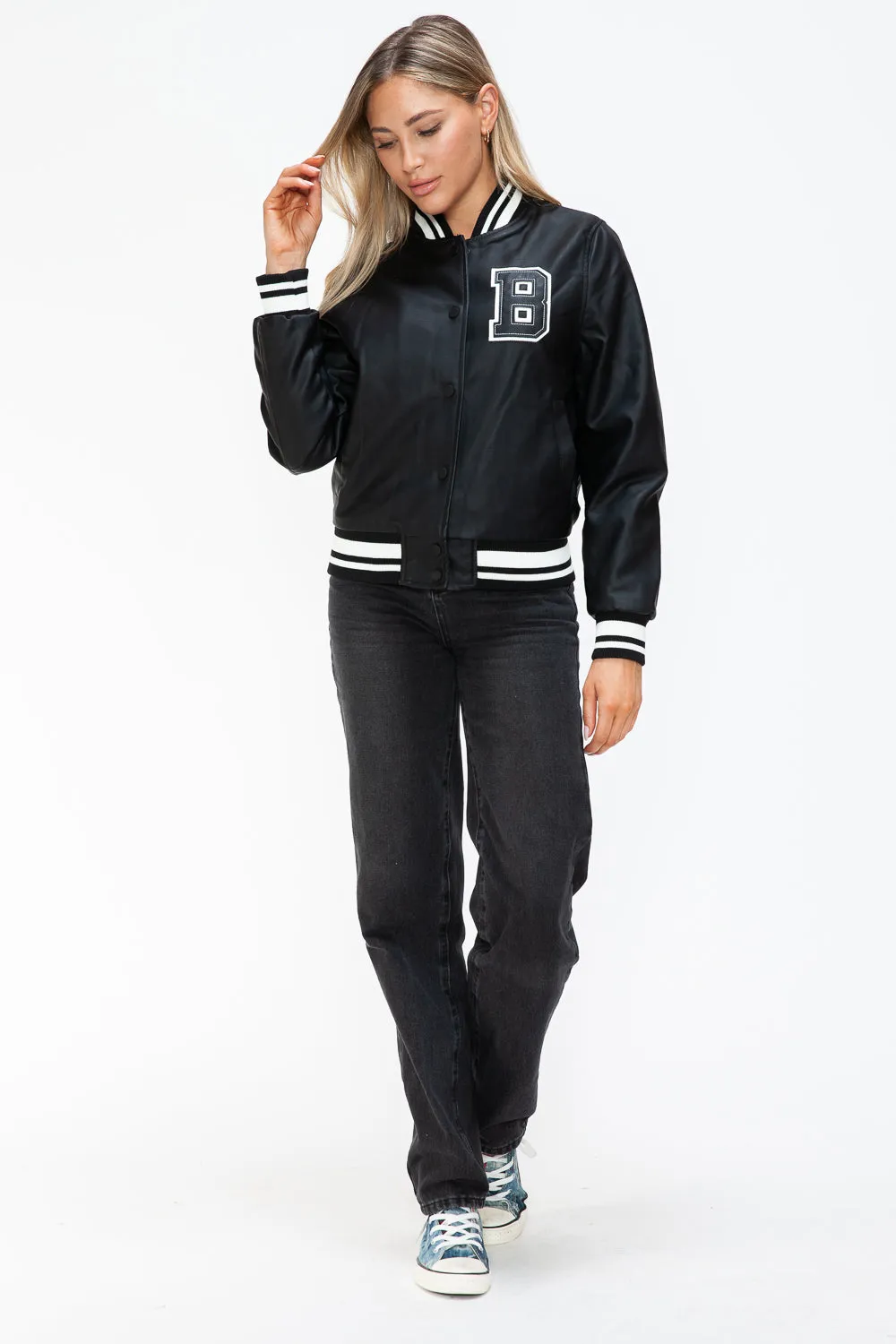 PU Leather Contrast Snap Down Bomber Jacket
