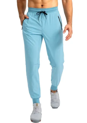 Pudolla Men's Lightweight Jogger Pants Workout Running Tapered Joggers for Men with Zipper Pockets for Athletic Travel Casual(Light Blue)