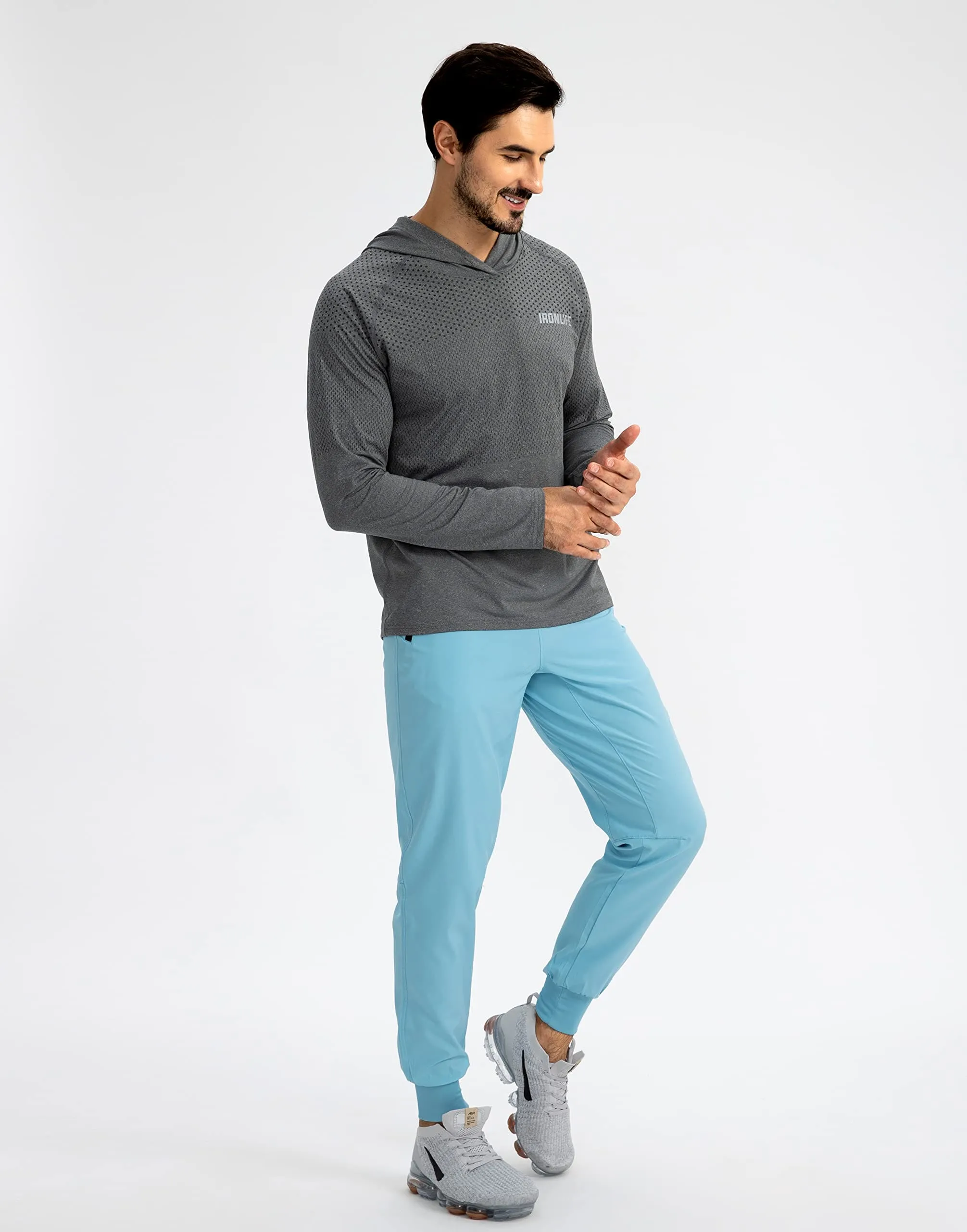Pudolla Men's Lightweight Jogger Pants Workout Running Tapered Joggers for Men with Zipper Pockets for Athletic Travel Casual(Light Blue)