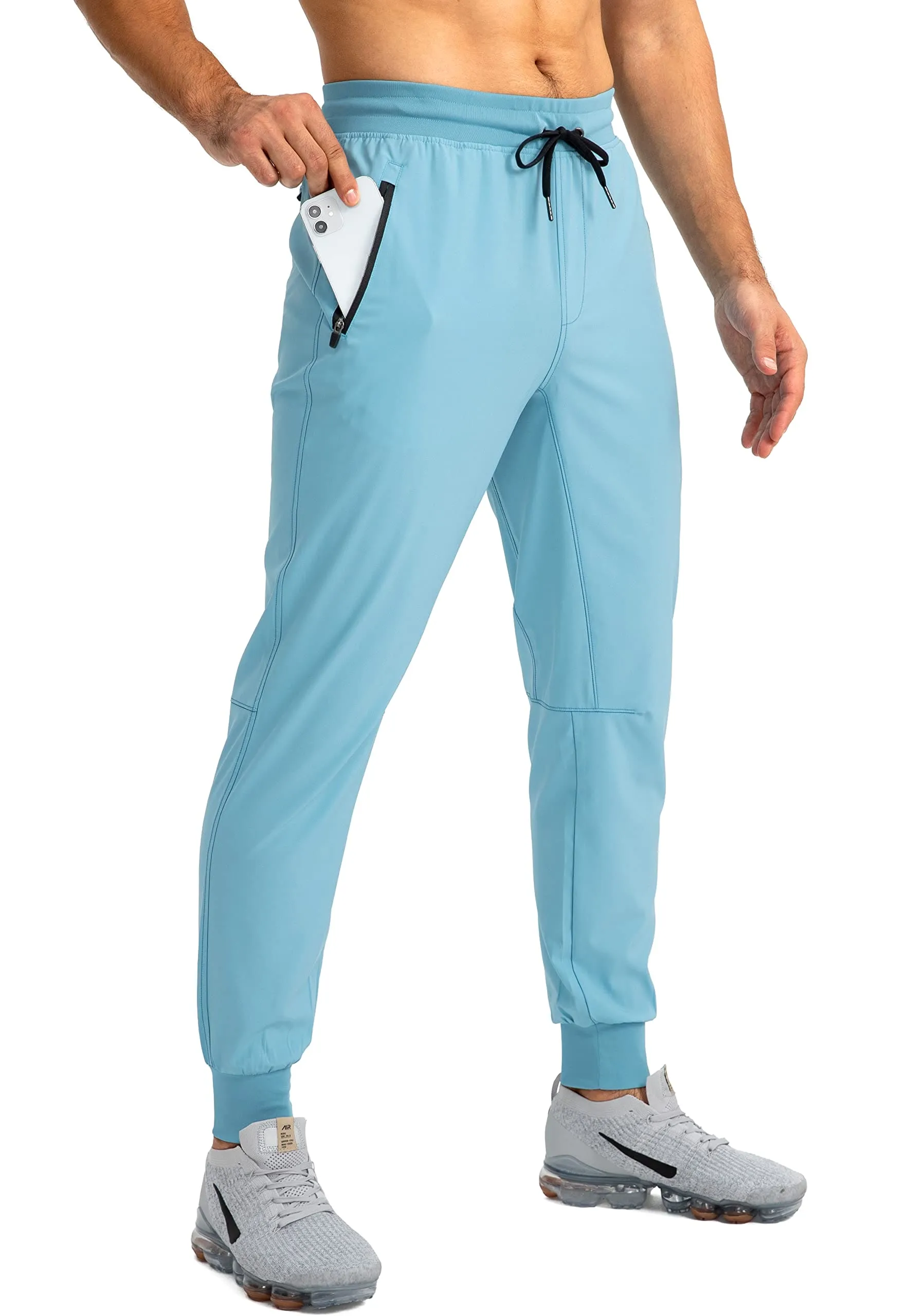 Pudolla Men's Lightweight Jogger Pants Workout Running Tapered Joggers for Men with Zipper Pockets for Athletic Travel Casual(Light Blue)