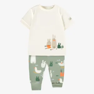 Pyjama deux pièces crème et vert en jersey à motifs de Pâques, bébé || Cream and green two pieces pajamas with Easter patterns, baby