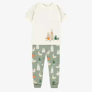 Pyjama deux pièces crème et vert à motifs de Pâques, enfant || Cream and green two pieces pajamas with Easter patterns, child