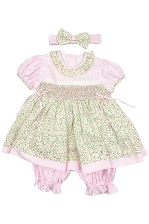 "Lydia" Pink Floral Smocked Dress, Bloomers & Headband