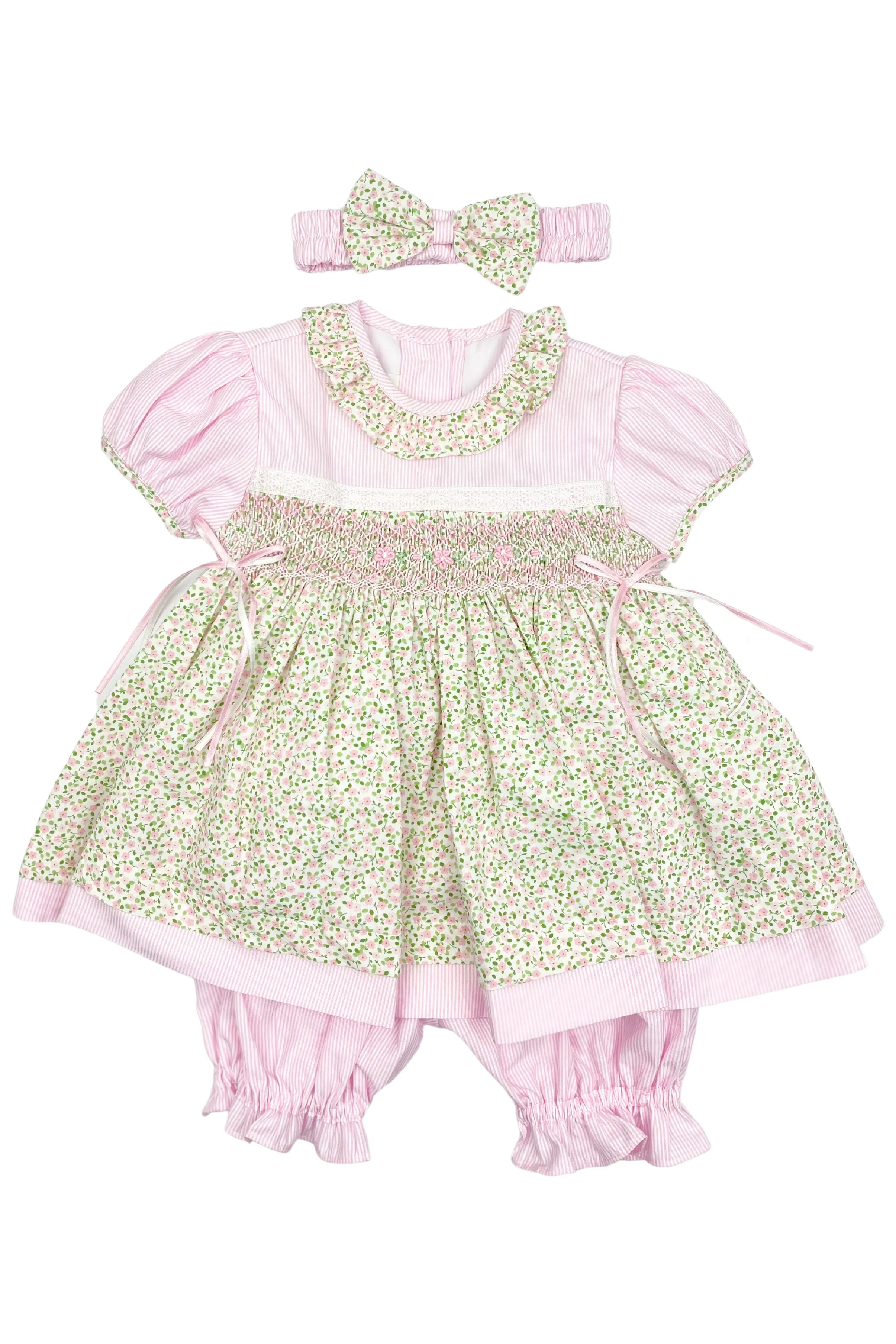 "Lydia" Pink Floral Smocked Dress, Bloomers & Headband