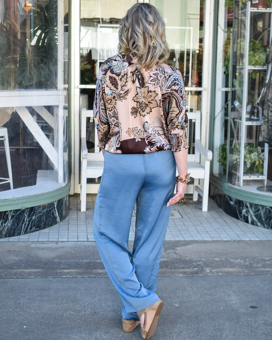 RELAXED DRAWSTRING WAIST PANTS - GREY BLUE