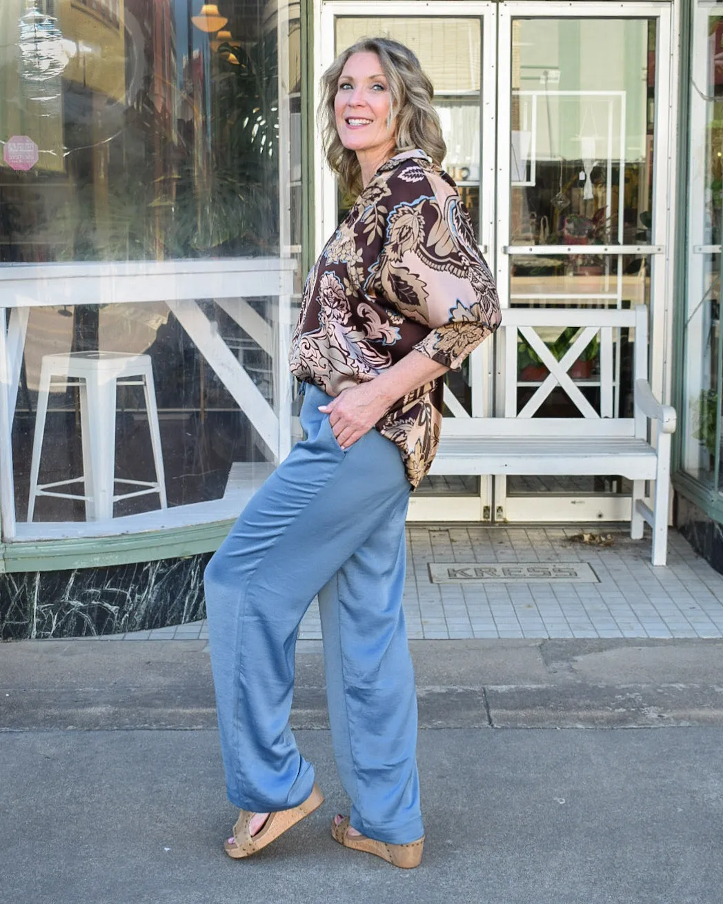 RELAXED DRAWSTRING WAIST PANTS - GREY BLUE