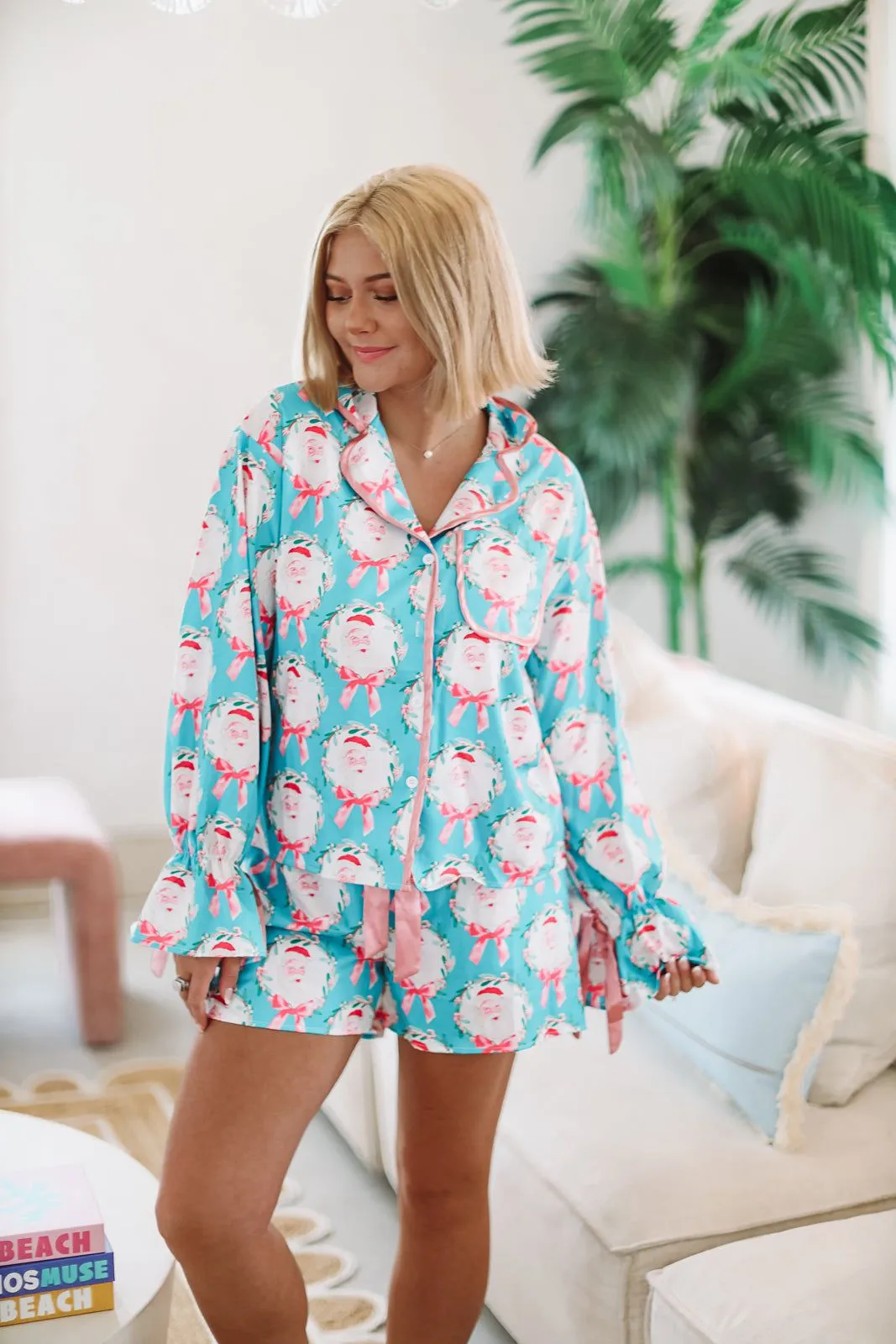 Santa and Bows Pajama Set - Teal