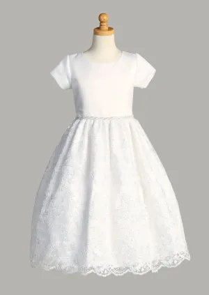 Satin and Corded Embroidered Tulle First Communion Dress with Sequins - SP195