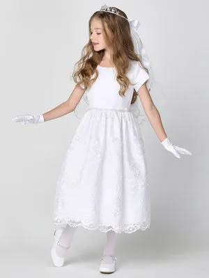 Satin and Corded Embroidered Tulle First Communion Dress with Sequins - SP195