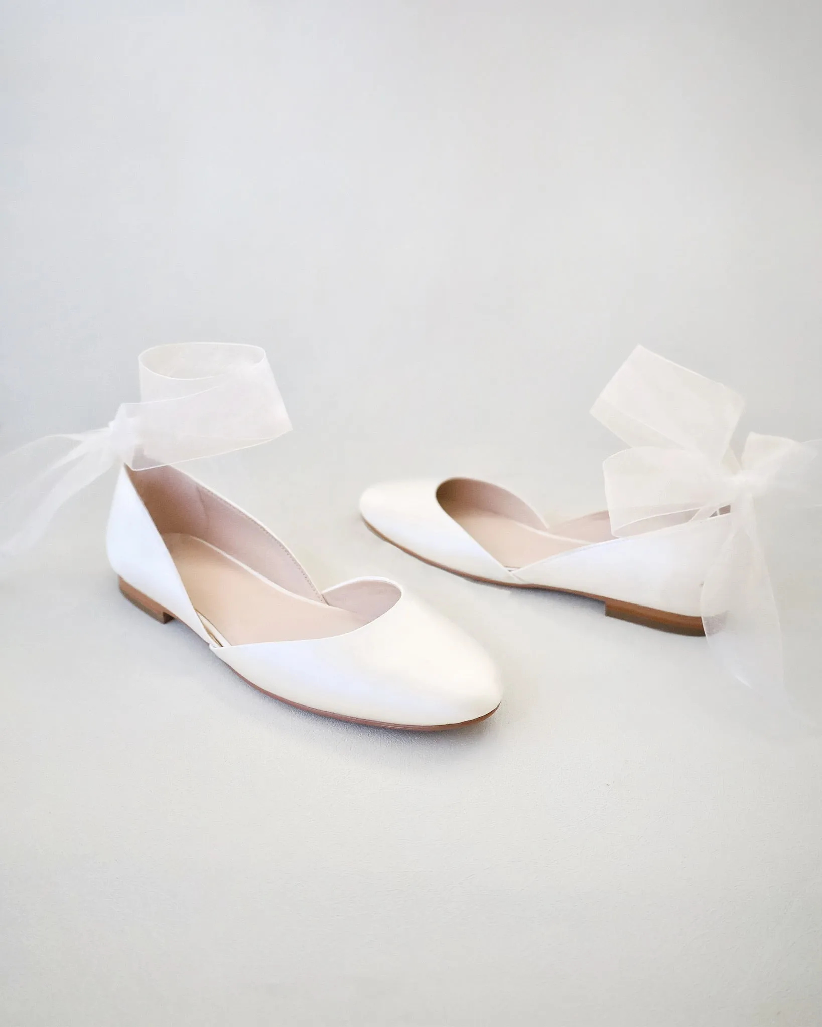Satin Round Toe Bridal Flat with Wrapped Ribbon Tie