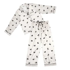 Satin Short 2pc PJ Set - Long Sleeve Ivory/Black Bow