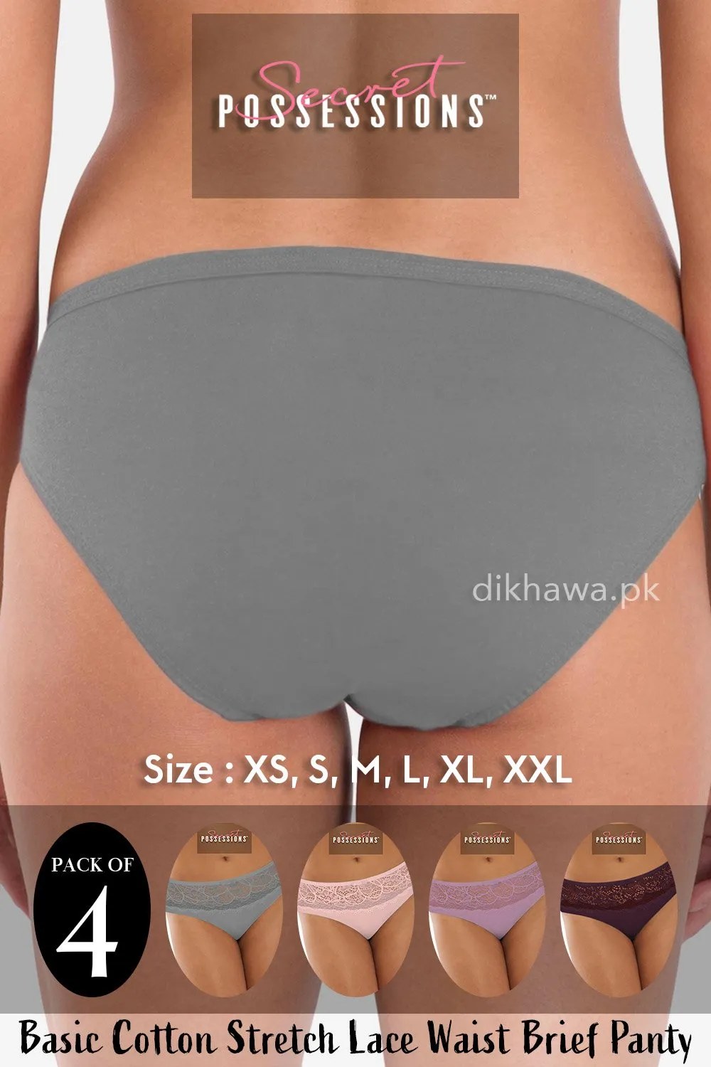 Secret Possessions Panty - Basic Cotton Stretch Lace Waist Brief Panty Pack of 4
