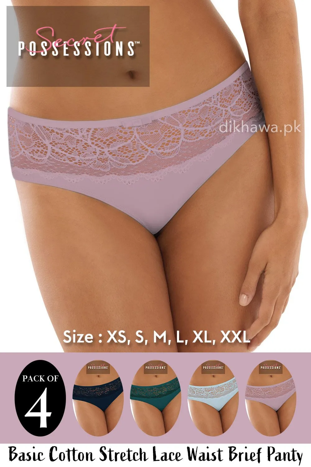 Secret Possessions Panty - Basic Cotton Stretch Lace Waist Brief Panty Pack of 4