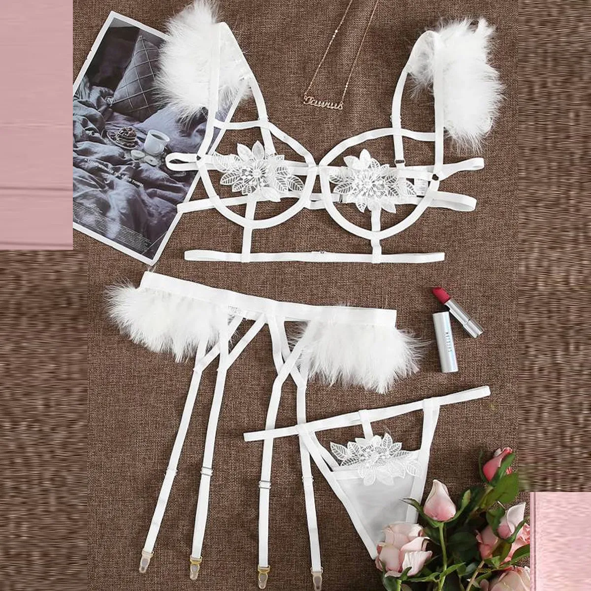 Sexy 3pcs Embroidery Applique Feather Bra Panty Set With Underwire