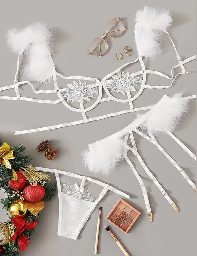Sexy 3pcs Embroidery Applique Feather Bra Panty Set With Underwire