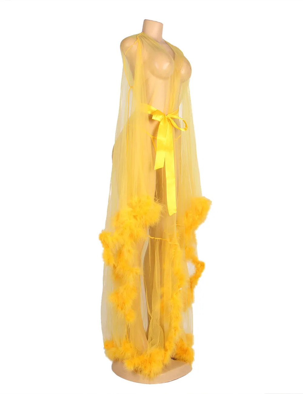 Sexy Egypt Plush Edging Mesh Wide Sleeves Robe With Belt