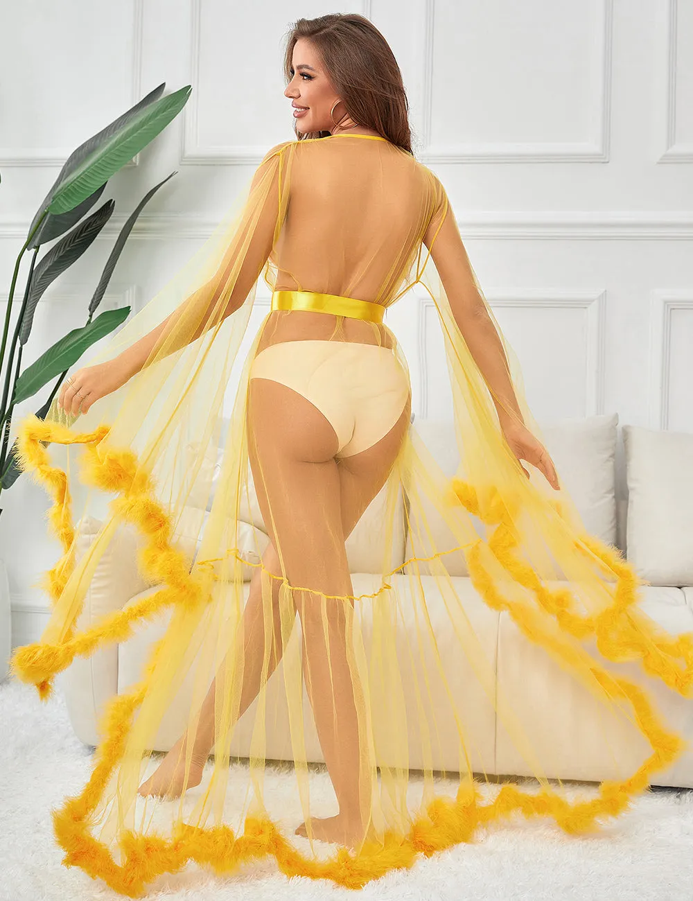 Sexy Egypt Plush Edging Mesh Wide Sleeves Robe With Belt
