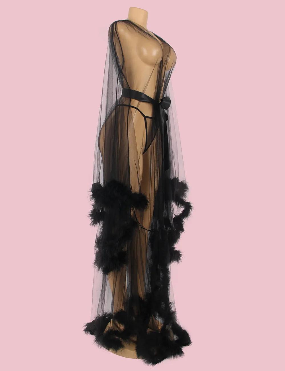 Sexy Egypt Plush Edging Mesh Wide Sleeves Robe With Belt