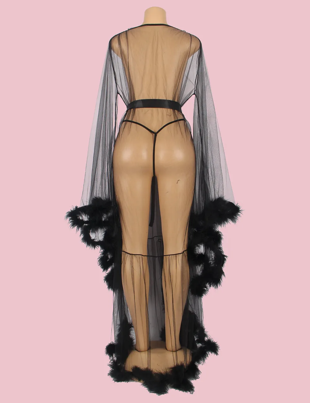 Sexy Egypt Plush Edging Mesh Wide Sleeves Robe With Belt