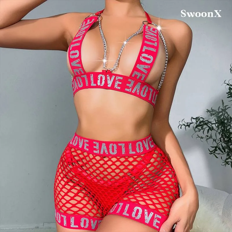 Sexy Fishnet Lingerie Set with Sheer Design and Letter Print