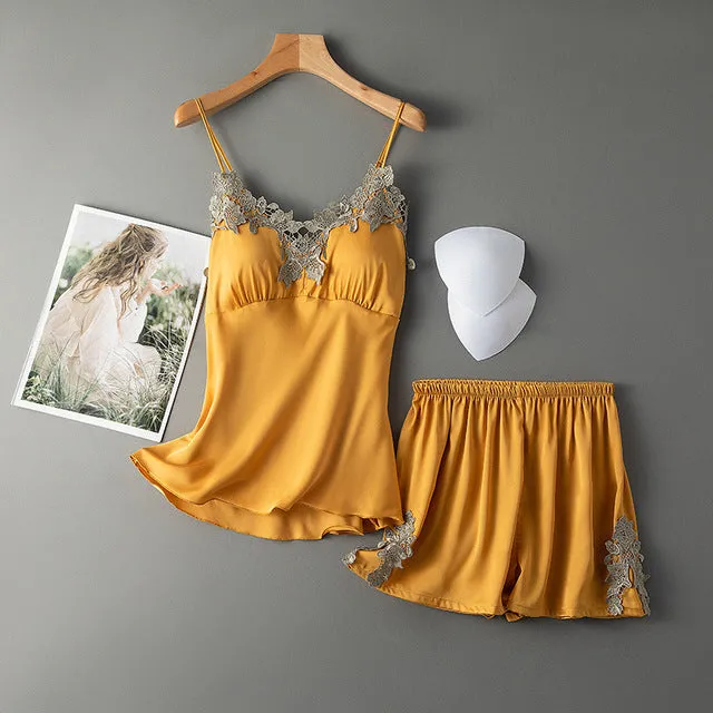 Sexy Women Pajamas Sets Sling Silk Nightwear