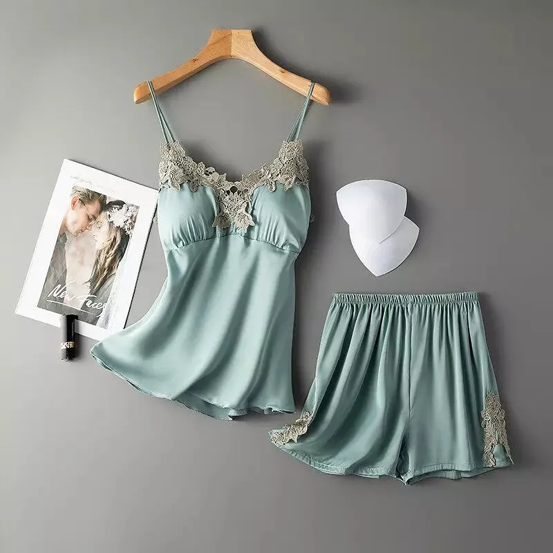 Sexy Women Pajamas Sets Sling Silk Nightwear