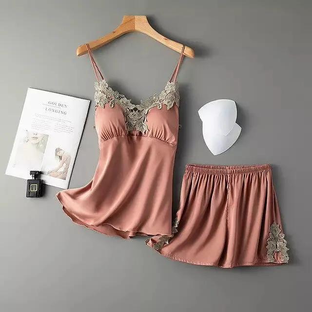 Sexy Women Pajamas Sets Sling Silk Nightwear