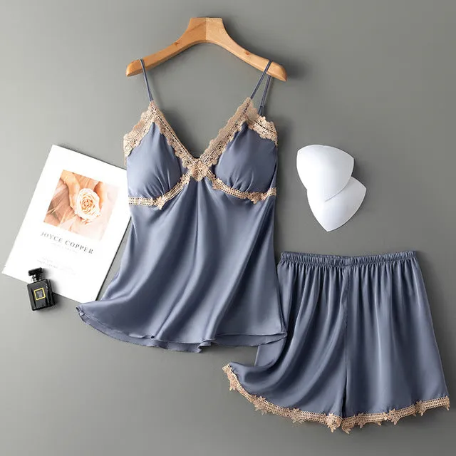 Sexy Women Pajamas Sets Sling Silk Nightwear